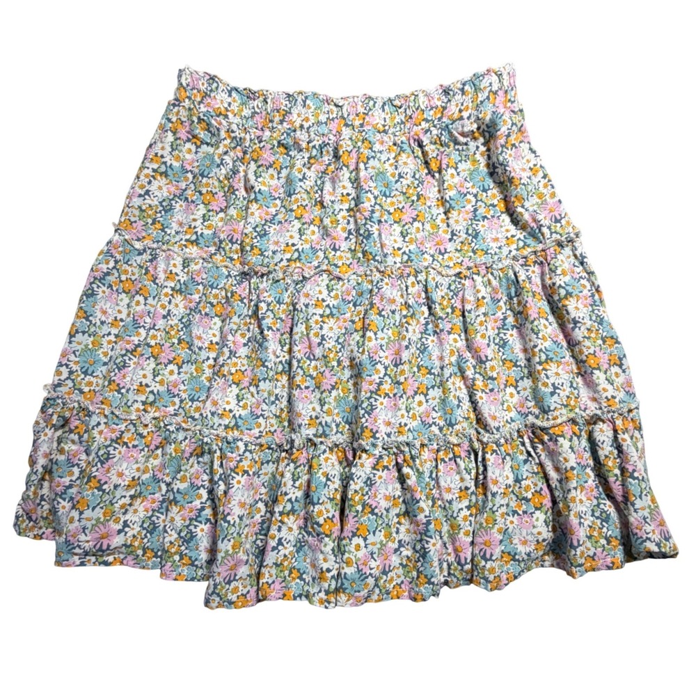 Ava Christina Floral Tiered Mini Skirt Blue Pink Yellow Rayon Size S